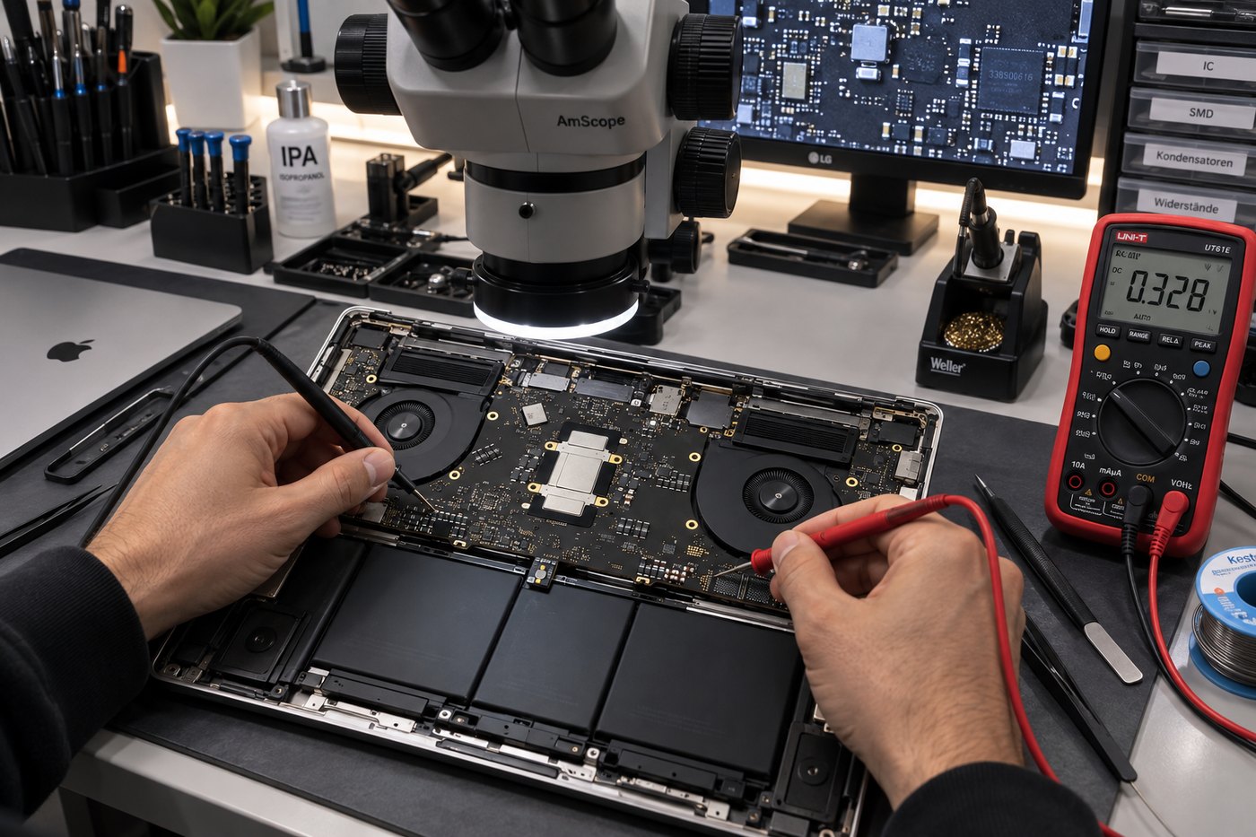 MacBook-Logicboard wird unter dem Mikroskop mit dem Multimeter gemessen